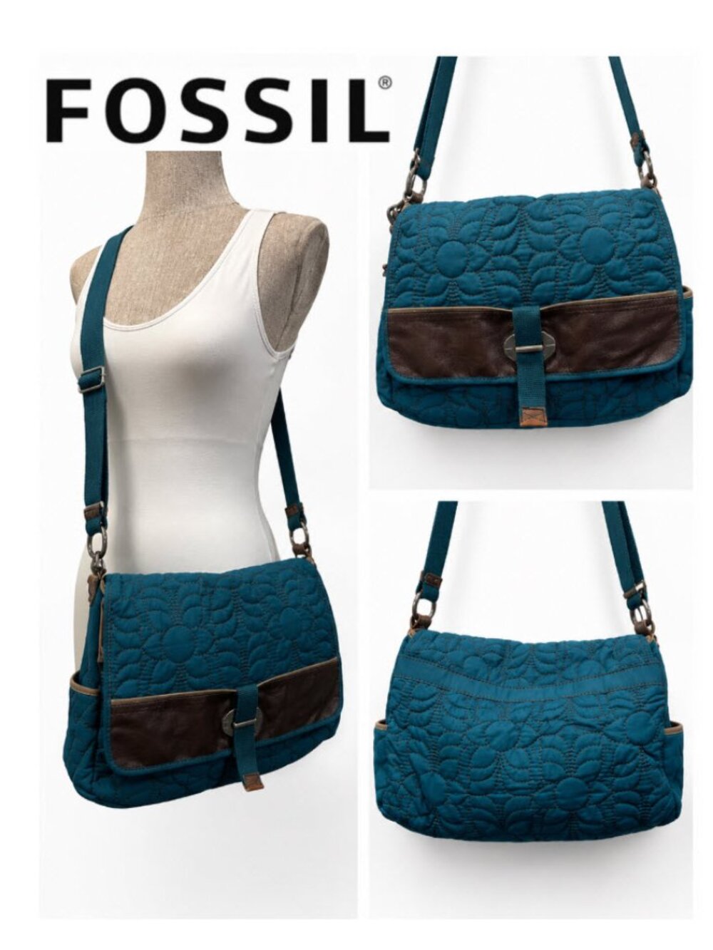 Fossil Key Per Quilted Messenger Bag Blue Crossbody Adjustable Strap